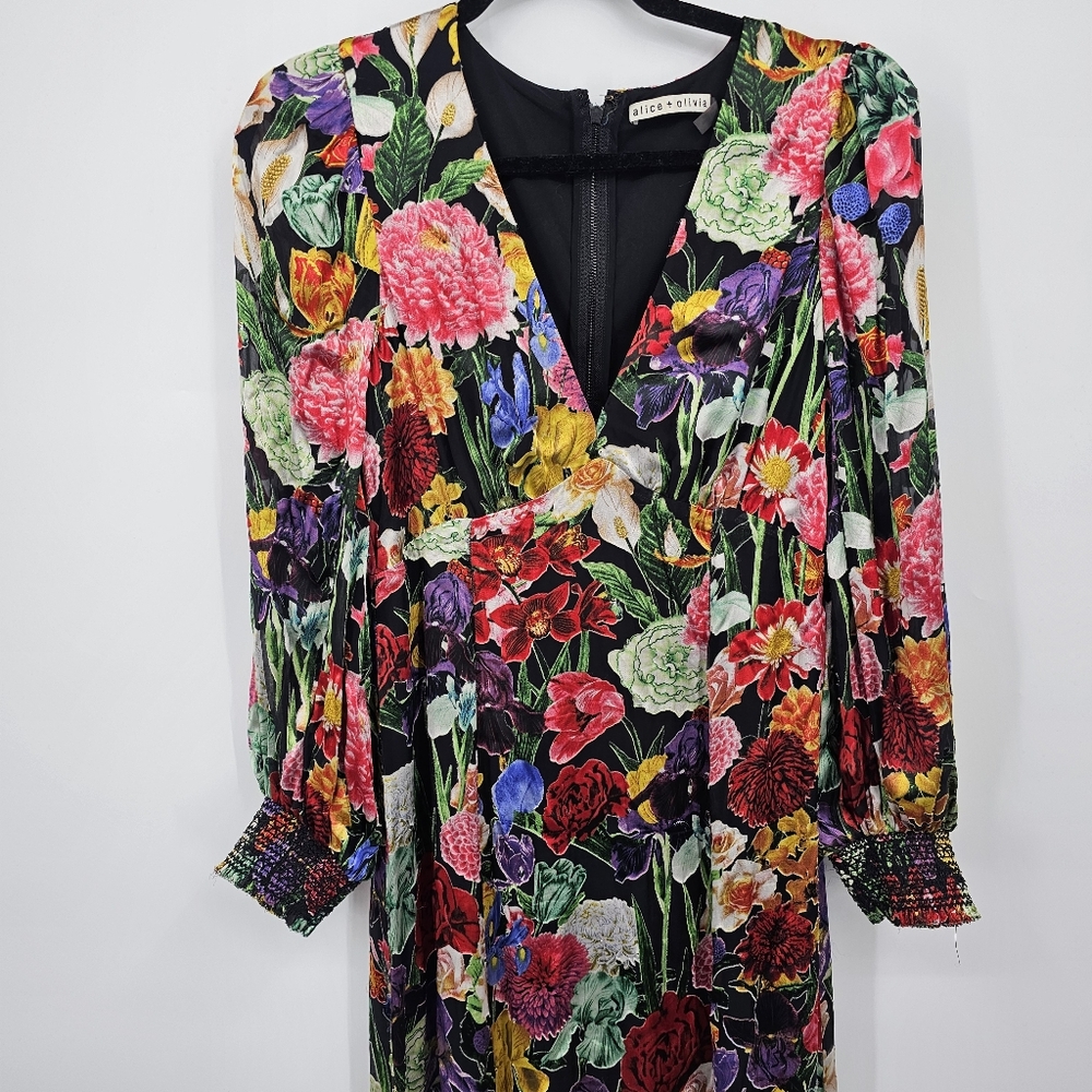 Alice + Olivia Floral Maxi Dress Size 8 | Silk Blend Plunge Gown Puff Sleeves - Picture 3 of 11